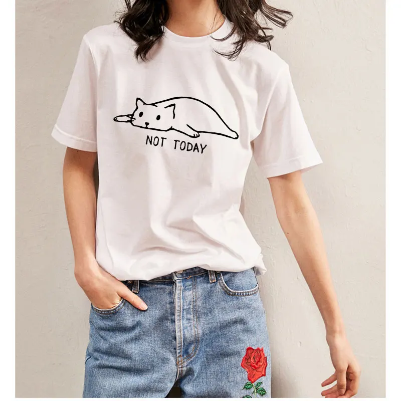 

Summer New Women Clothes 2019 Vogue Thin Section T Shirt Harajuku Cute Cat Not Today Funny Letter Animal Print Tshirt Women Top