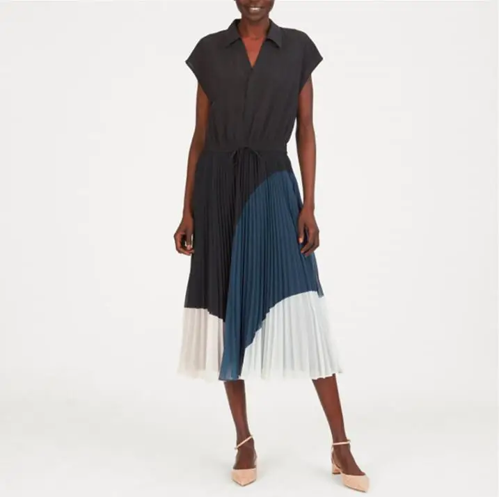 

2019 fall new geometric patchwork waist pleated dress for women