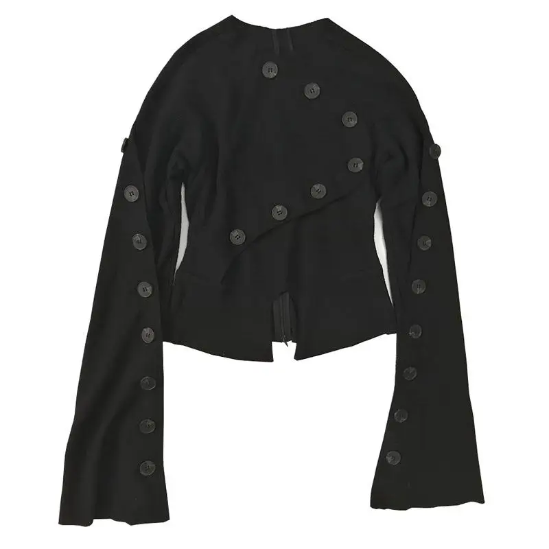 GETSRING женские блузки Асимметричная черная рубашка женские Топы с длинным рукавом Женские рубашки с несколькими пуговицами текстура топ с расклешенными рукавами блузка - Цвет: black