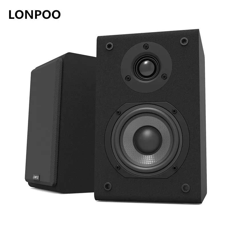 LONPOO Home Theatre Bookshelf Speaker Pair 75W Classic Wooden Passive Speakers 4 inch Carbon Fiber Woofer