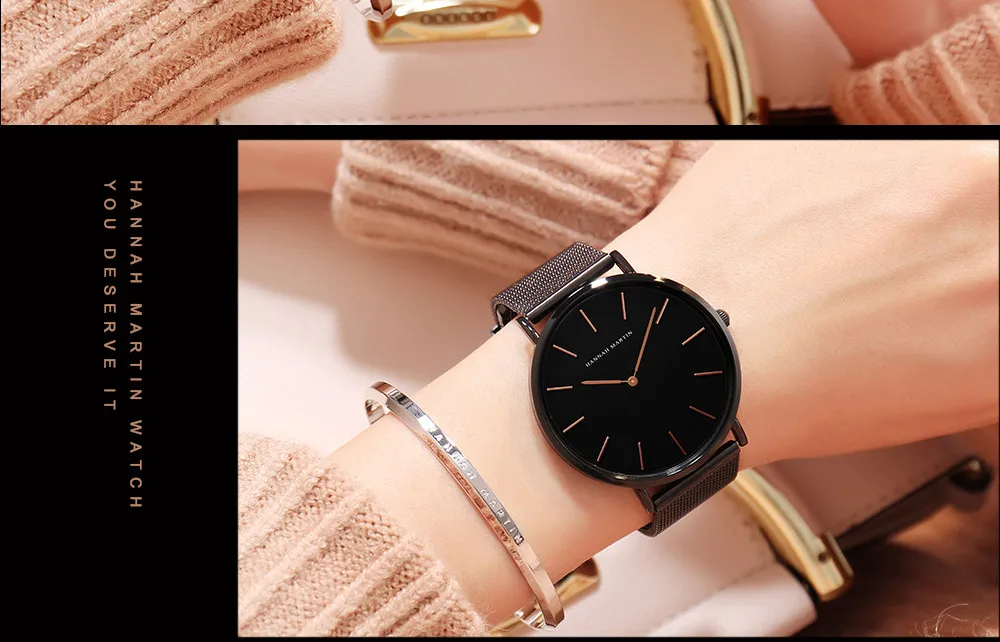 Модные женские часы в простом стиле Япония часы с кварцевым механизмом HANNAH Martin новые женские повседневные платья часы Reloj Mujer