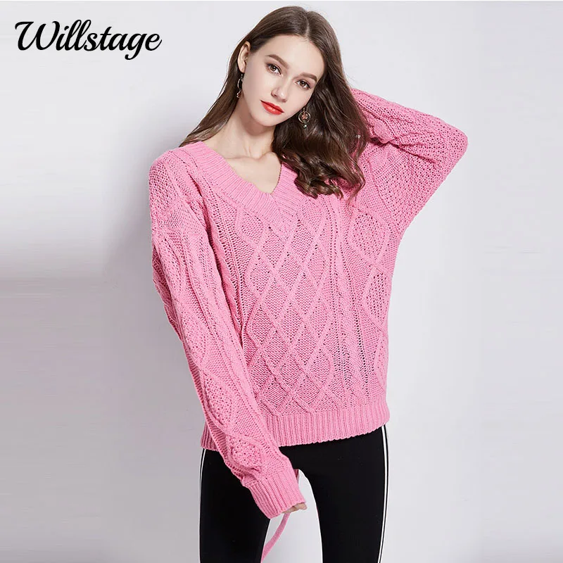 

Willstage Pink Sweater Women Sexy Backless Bow lace up Hollow out Knitted Tops Casual Pullovers Girls V neck Tops 2019 Spring