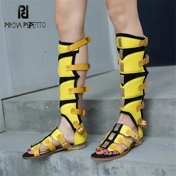 

Prova Perfetto Yellow Gladiator Flat Sandals Summer Boots Straps Women Knee High Boots Casual Flats TWO Wear of Sandal