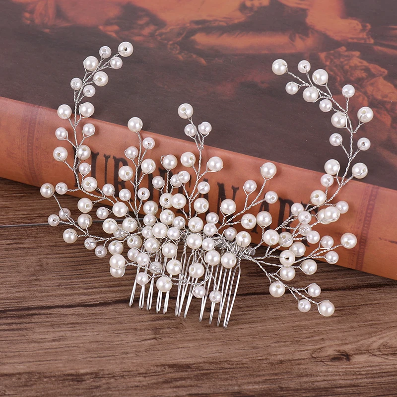 

Silver Pearl Handmade Hair Combs Twig Bridal Women Hair Jewelry Accessories Wedding Head Ornament Girl's Elegant Headbands