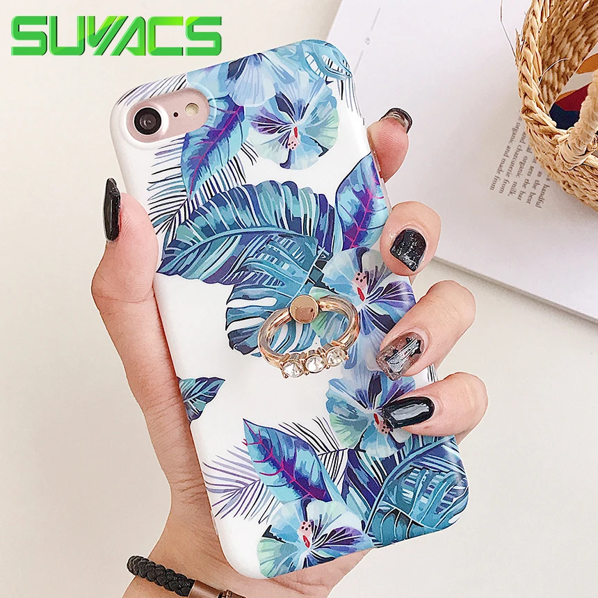 

SUYACS Retro Banana Leaf Case For iPhone XR X XS Max 6S 7 8 Case Ring Kickstand Holder Cover Fitted Protector Soft Phone Bags