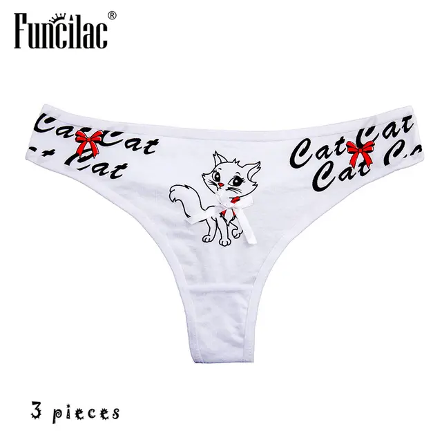 FUNCILAC Underwear Women Cartoon Kitty Thongs Cotton Sexy G Strings
