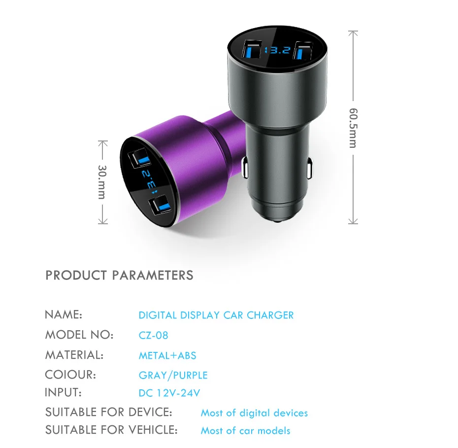 ZNP автомобильное зарядное устройство с 2 портами USB цифровой светодиодный дисплей 5 в 3,4 а алюминиевый сплав Быстрая зарядка для iPhone 6 Xiaomi автомобильное зарядное устройство для samsung