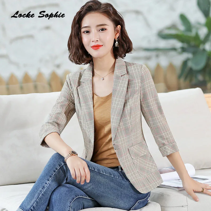 Women Plus size Blazers coats 2019 Summer cotton blend Single buckle plaid Small Suits jackets ladies Skinny Blazers Suits coats