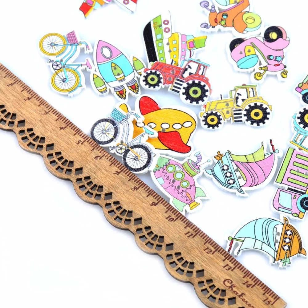 25Pcs Handwork Crafts And Scrapbooking Mixed Vehicle Car Shape Buttons Wooden Decor DIY Sew For Clothing Flatblck Button M1666