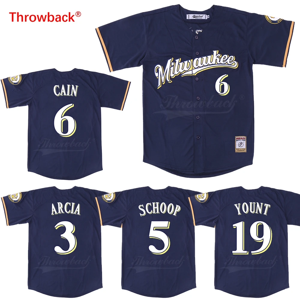 

Throwback Jersey Men's Milwaukee Blue Jersey 3 Orlando Arcia 5 Jonathan Schoop Lorenzo Cain Robin Yount Baseball Jersey