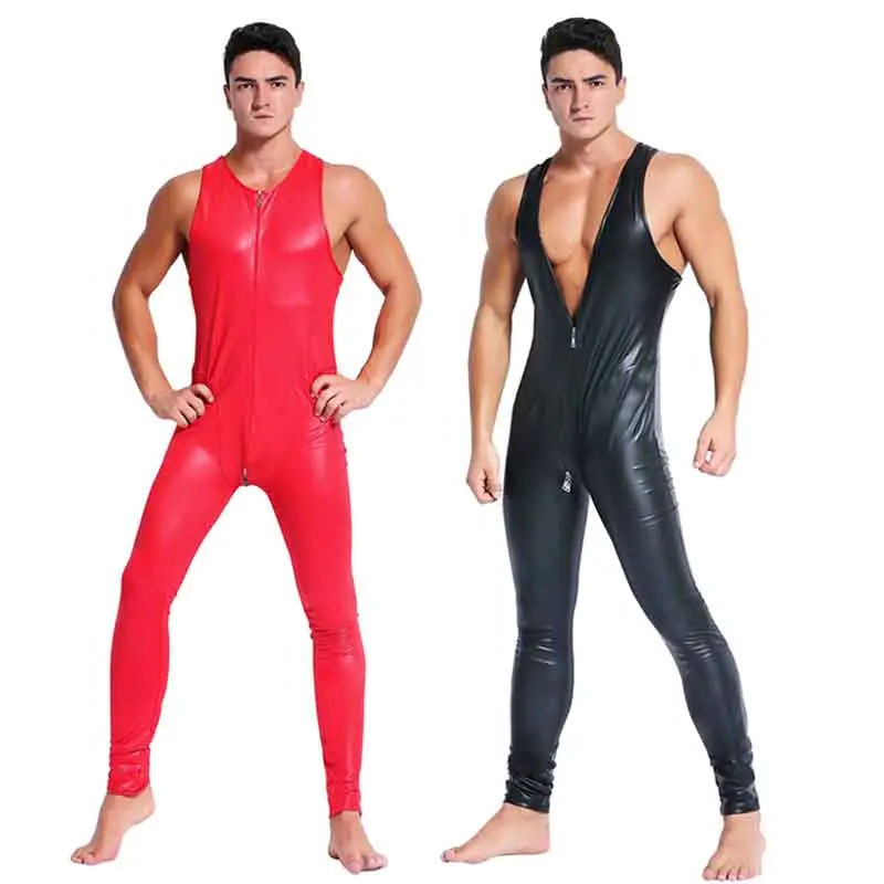 Red Black Leather Jumpsuit Men Skinny Stretch PVC Zip Sleeveless Open