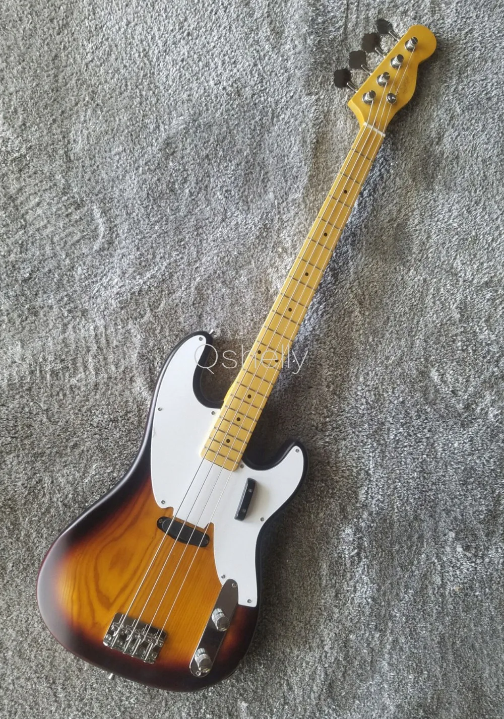 

top quality QShelly custom tobacco 4 strings ash body white pickguard slip PU maple neck string through P electric bass guitar