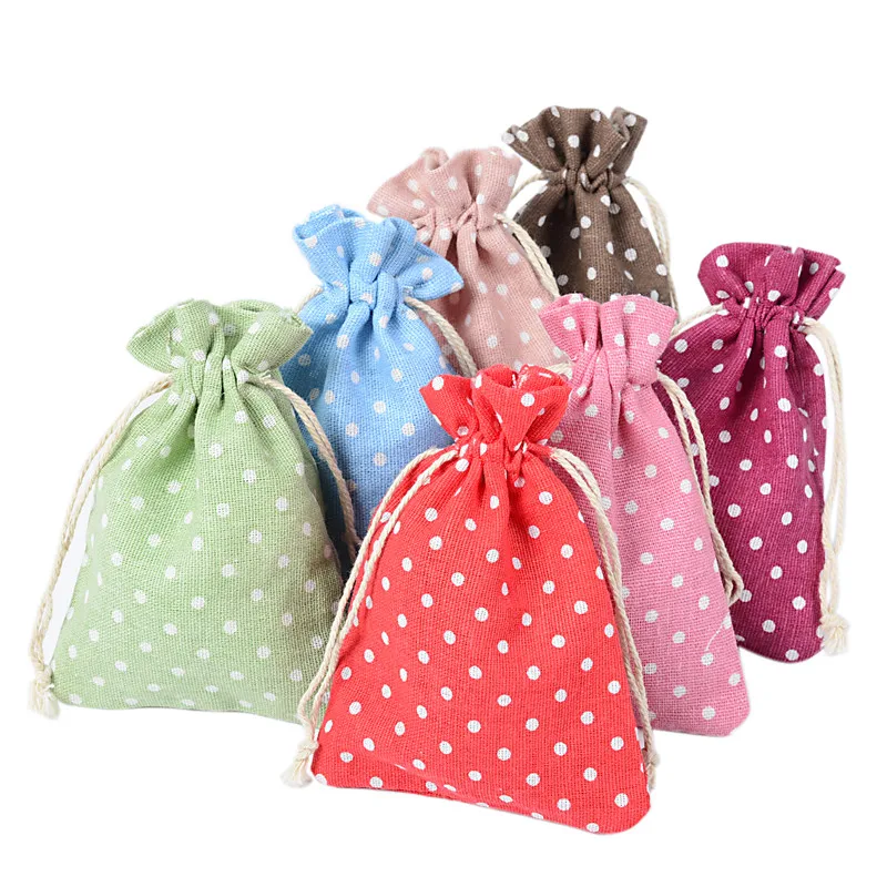

White Dots Double Drawstring Cotton Linen Muslin Small Party Gift Bags 10*14cm Drawstring Bags For Jewelry Coin