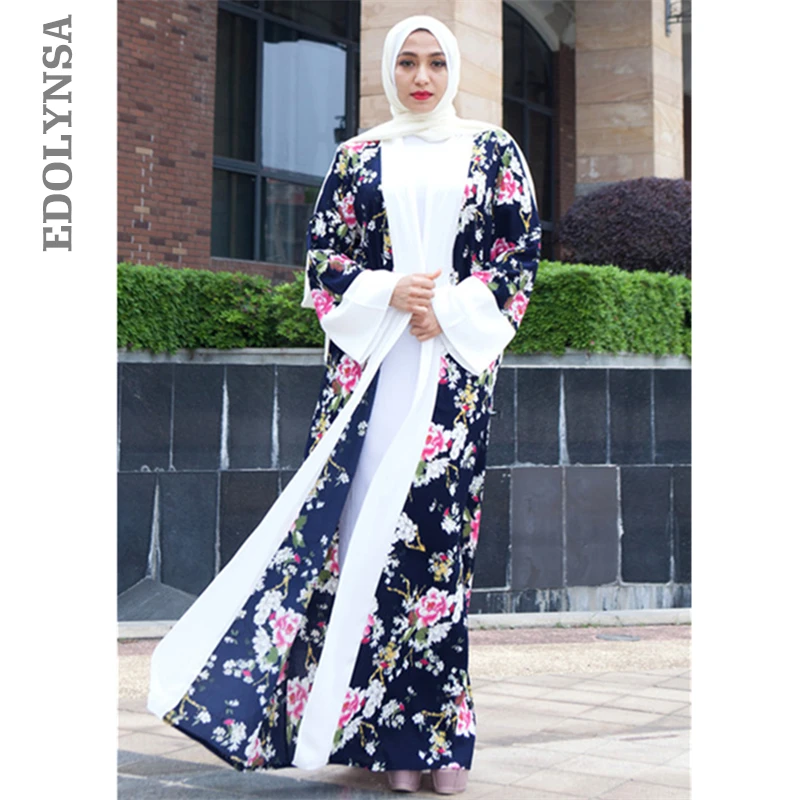 

Elegant Muslim Floral Abaya Dress Flowers Loose Cardigan Long Robe Gowns Kimono Ramadan Arab Thobe Islamic Prayer Clothing D545