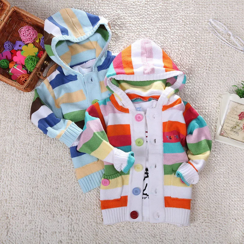 

Hot Boys Girls Baby Sweaters Rainbow stripes Kids Knitted Winter Autumn Pullovers Hooded Open Body Warm Outerwear Boy Sweaters