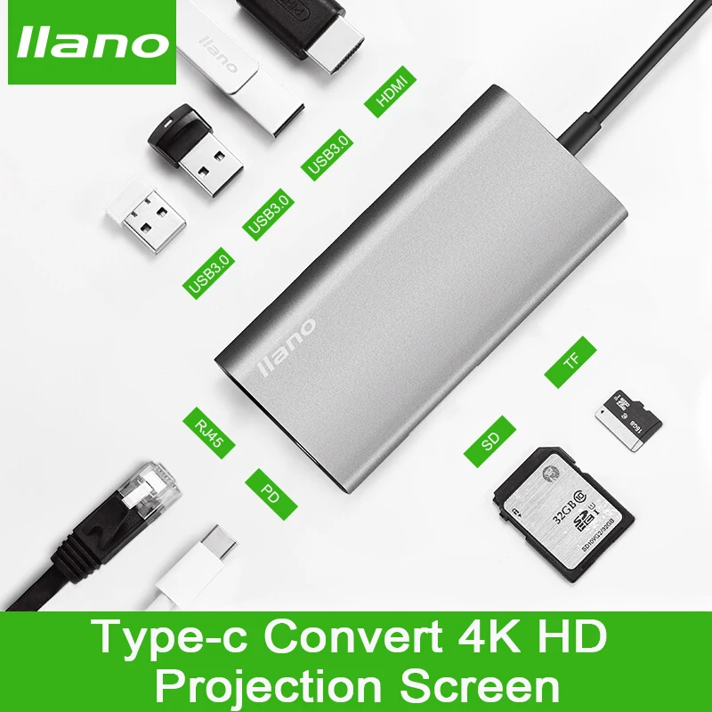 llano USB docking station All-in-One USB-C to HDMI Card Reader RJ45 PD Adapter for MacBook Samsung Galaxy S9 /S8 / S8+Type C HUB