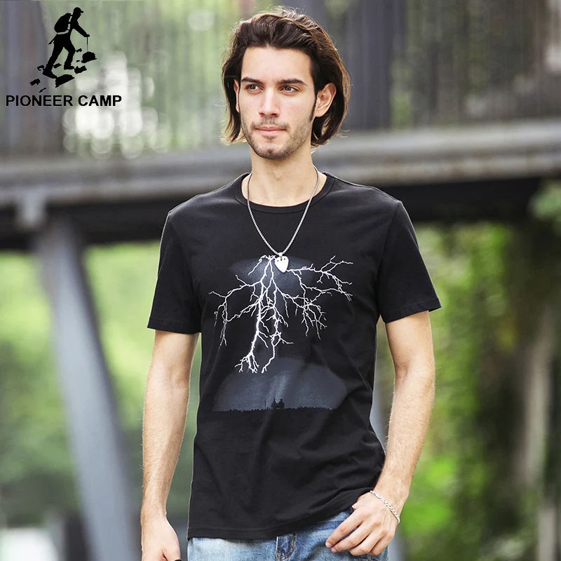 

Pioneer Camp 100% cotton men t-shirt Lightning pattern short sleeve t shirt men brand clothing free shipping ADT901207