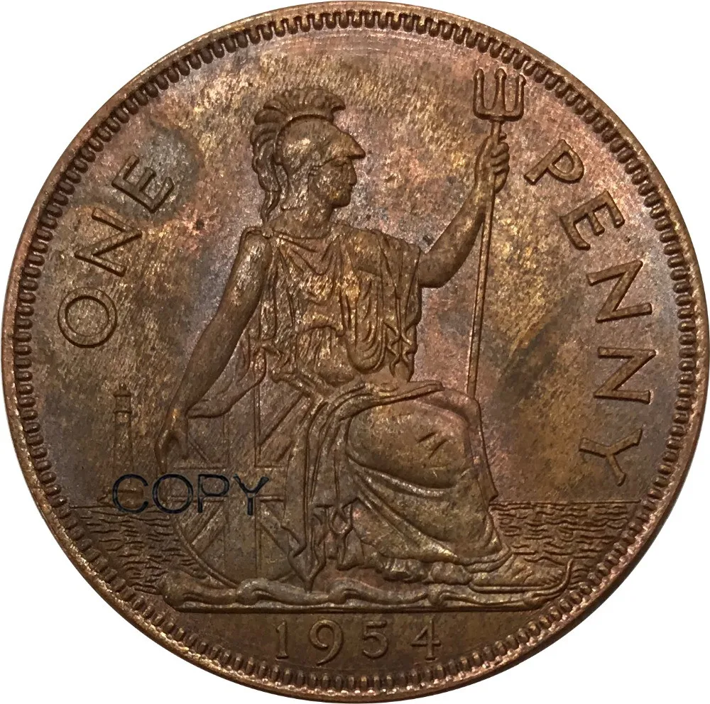 Великобритания 1954 One Penny Elizabeth II 99% красная медь копия монет Гладкий край