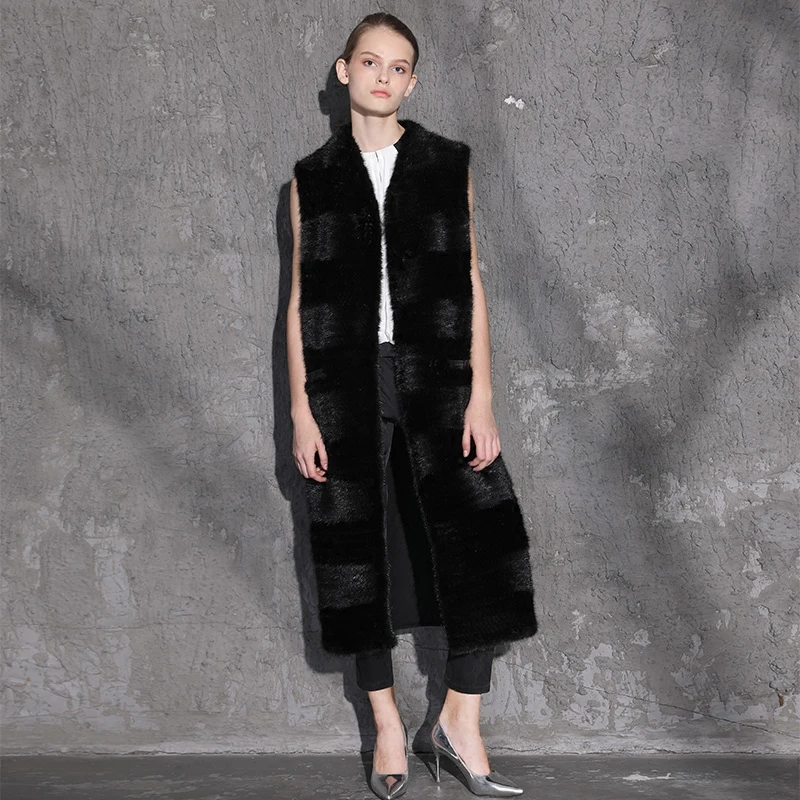 

2017 100% Natural European Mink Fur Knitted Vest With Double Face Woolen Fabric, Long Style* BE-1720 EMS Free Shipping