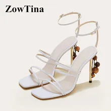 Белые кожаные женские сандалии-гладиаторы; Летние свадебные туфли на высоком тонком металлическом каблуке 10 см; модельные босоножки с ремешком на щиколотке; Sandalias Femmes