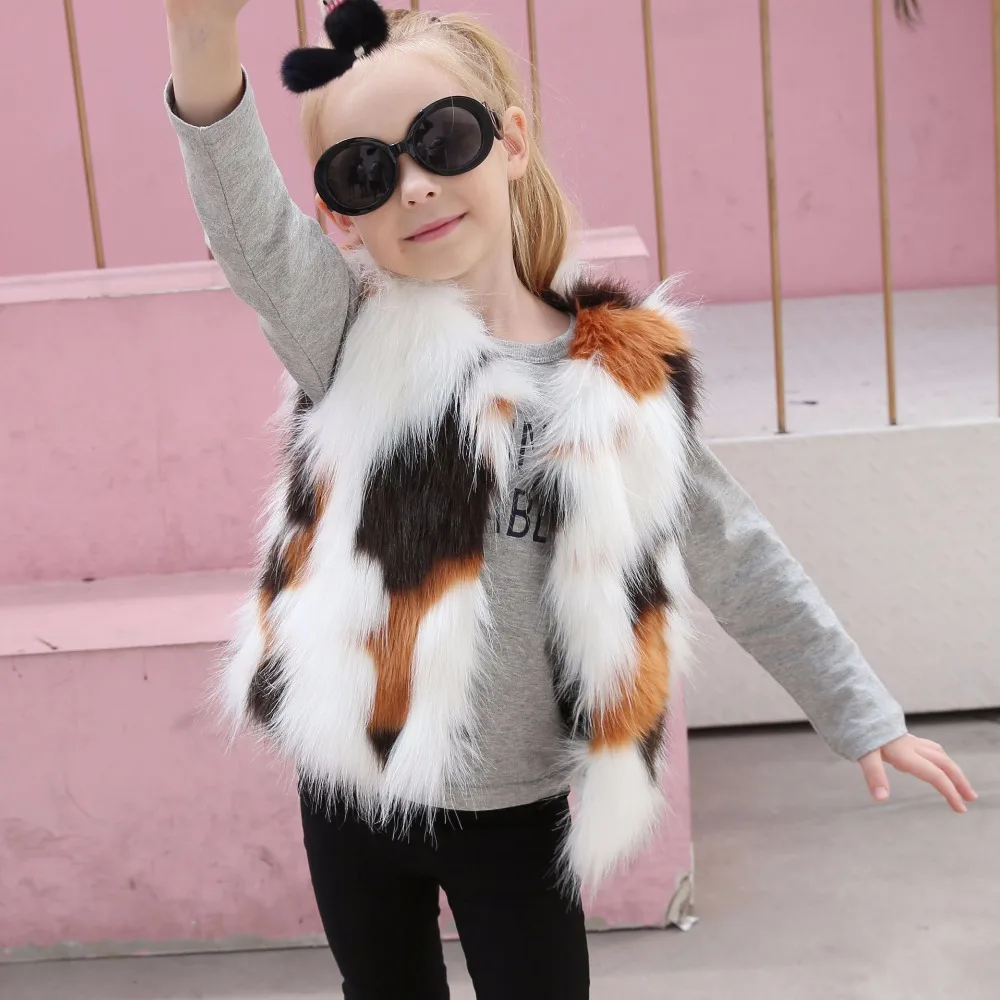 

Autumn winter children fur waistcoats fashion patchwork girls faux fur vests 2T 4T 8T fur vest jackets for baby girls