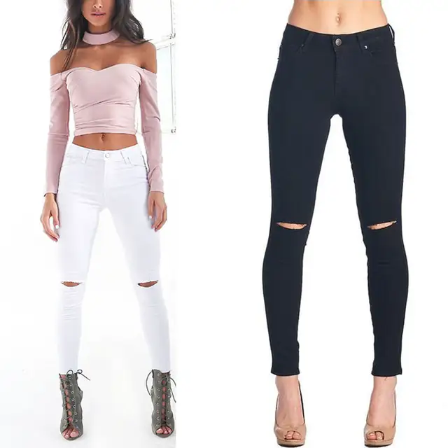 Skinny Slim Trou Genou Haute Mode Stretch Femmes Taille Skinny Slim Trou Genou Haute Mode Stretch Femmes Taille