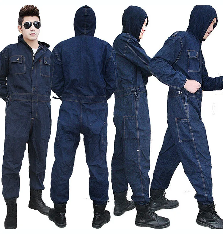 CCGK Mens Overalls Denim Work Clothing Hooded Coveralls Plus Size Labor Overalls For Worker Machine Welding Auto Repair Painting (1)