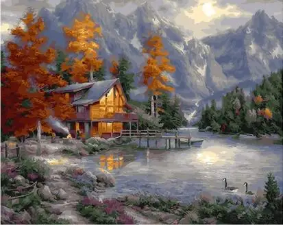 Birch forest and wooden house by the river Paint By Number Kit Diy Acrylic Painting On Canvas for living room home decor