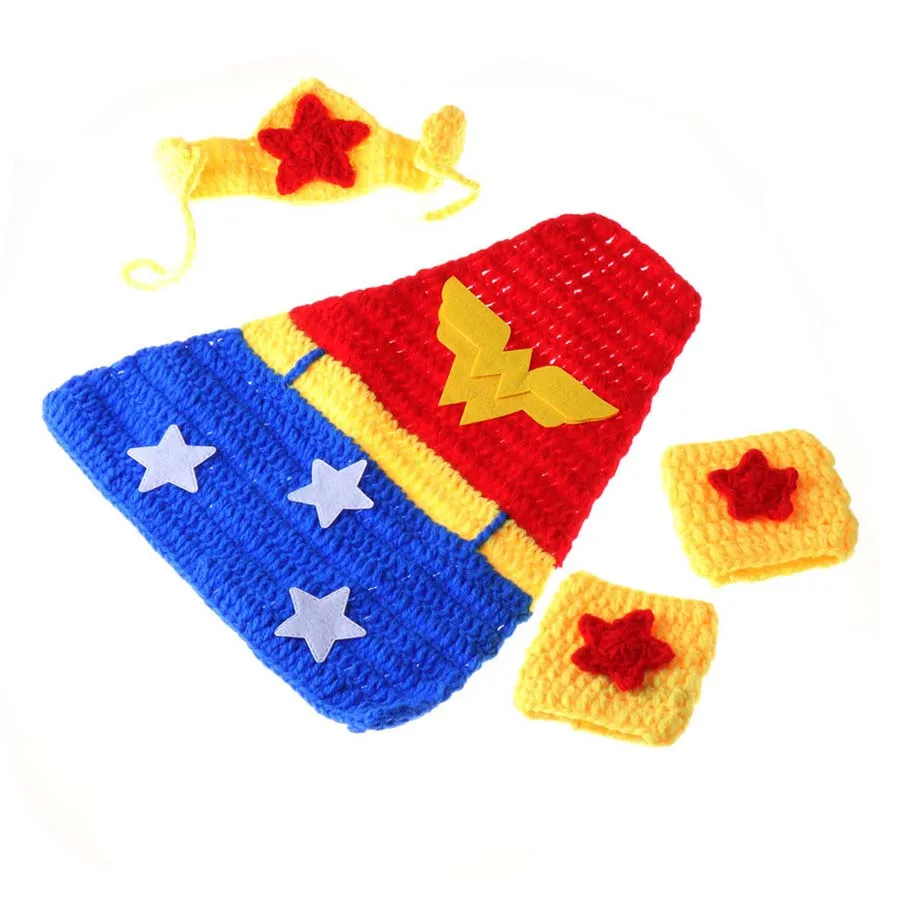New Superhero Baby Crochet Wonder Woman Costume Newborn Knitted Comics Photography Prop Cape Crown and Wristlets Outfit (7)
