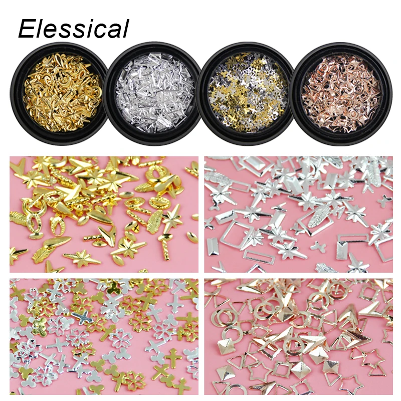 Elessical Shine Gold Silver Nail Rivets Stars Sparkle Flower Moon Cross Design Metal Mixed 3D