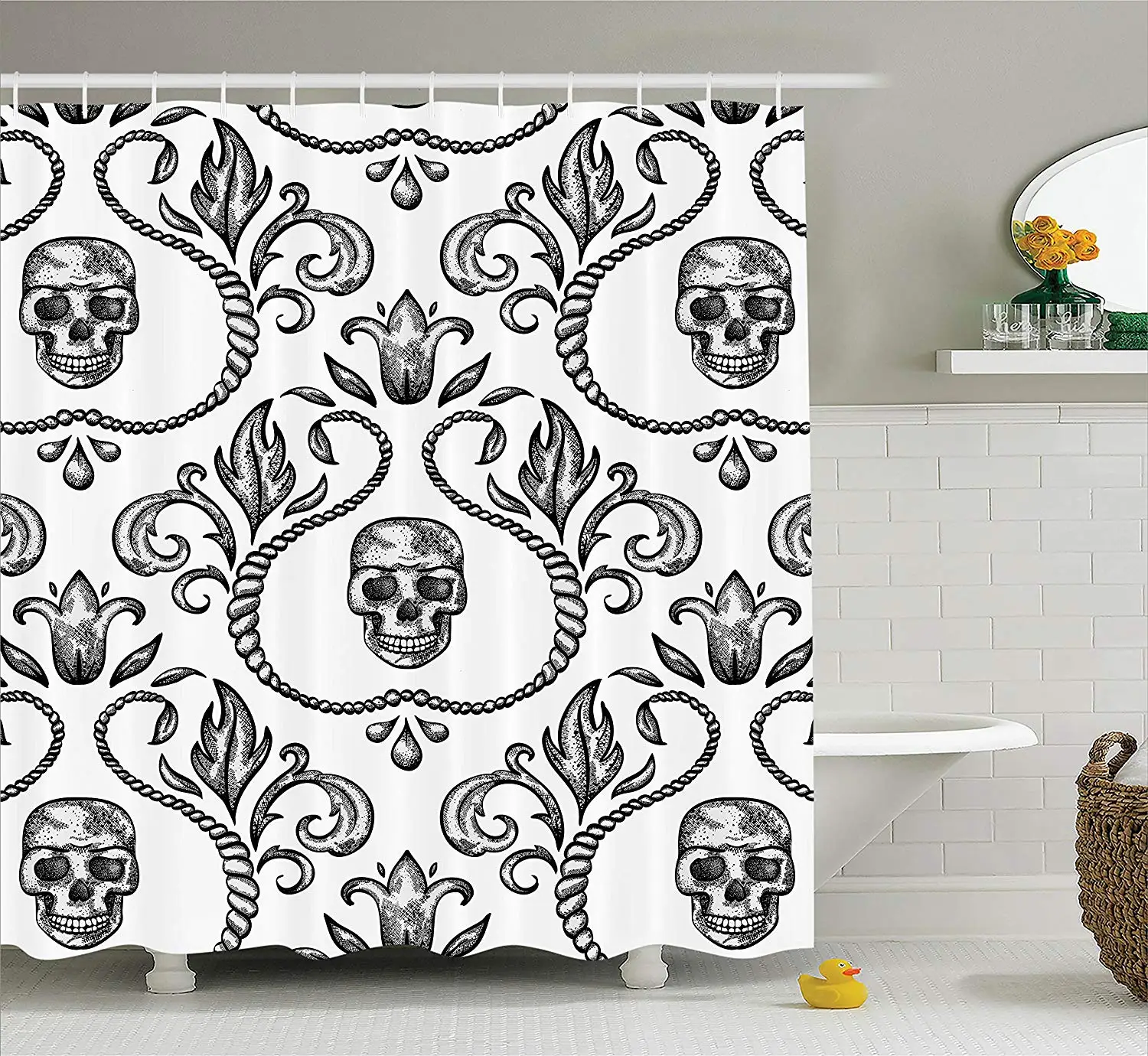 

Gothic Collection Ornament Skull Goth Skeleton Floral Design in Baroque Style Design Bathroom Shower Curtain White Grey