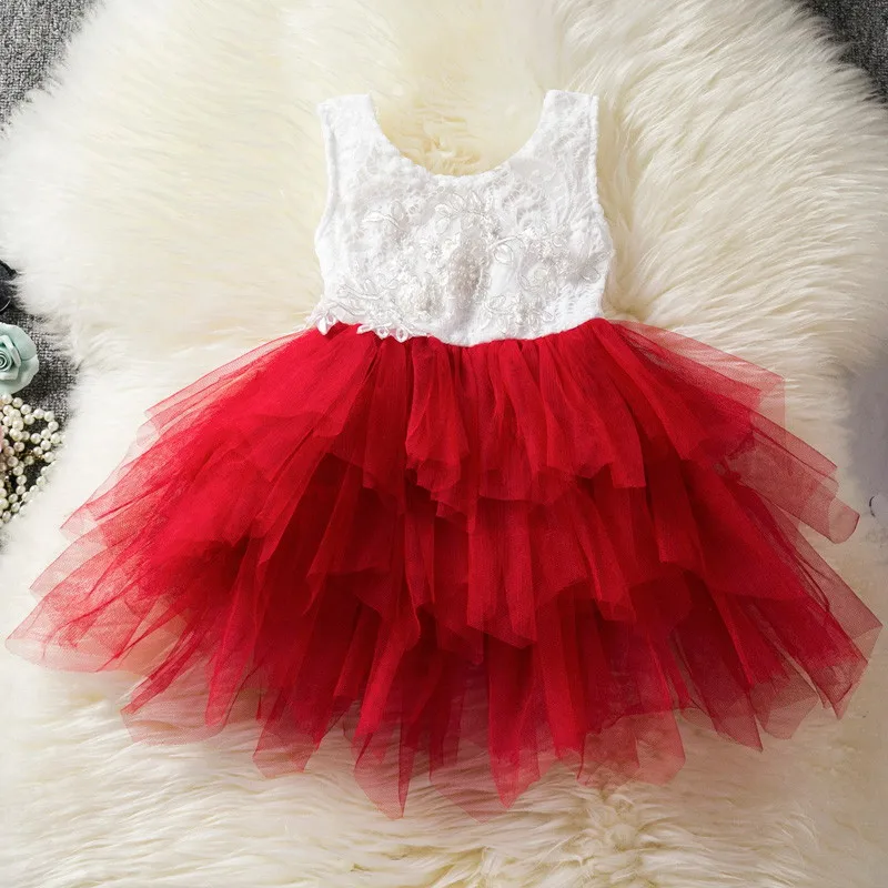 Летнее кружевное длинное платье-пачка принцессы для девочек, одежда для девочек праздничный костюм для маленьких детей розовое платье с открытой спиной и неровным бисером, Размер 8T - Цвет: Red