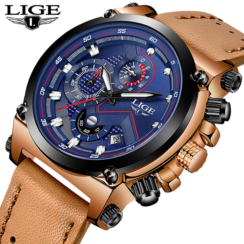 

2019 LIGE Mens Watches Top Brand Luxury Quartz Watch Men Military Casual Leather Waterproof Sport Chronograph Clock Reloj Hombre