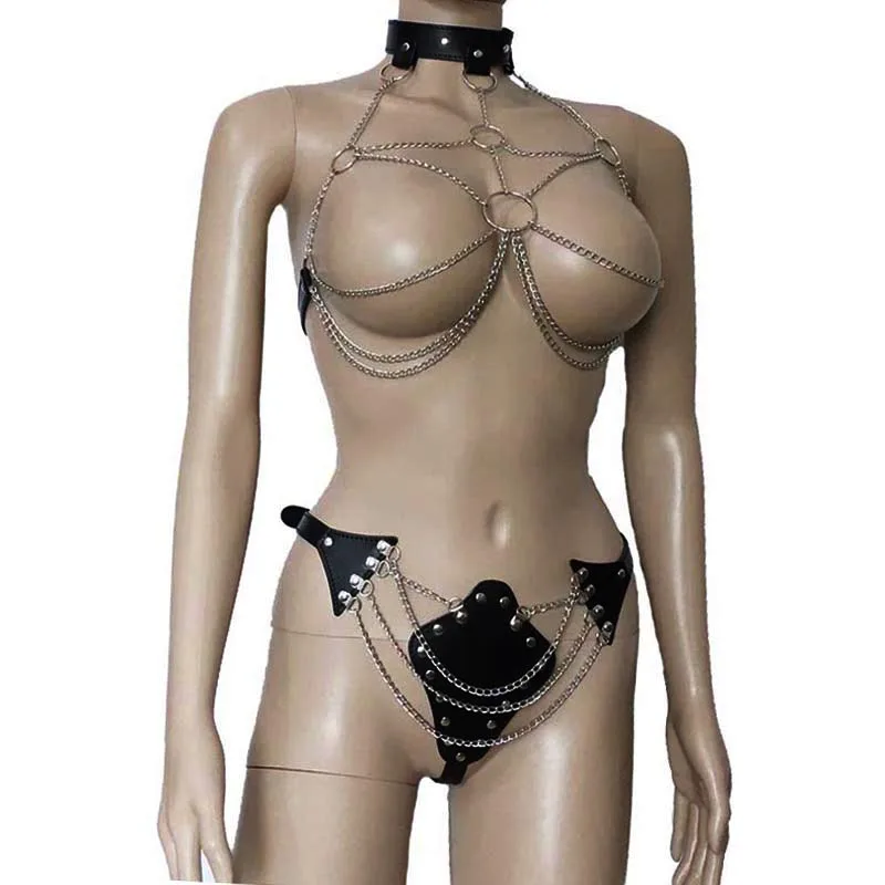 

Women's Sexy Fetish Leather and Metal Cupless Bra Vest and Open Crotch Chained G-String Set Body Harness Bikini Costume