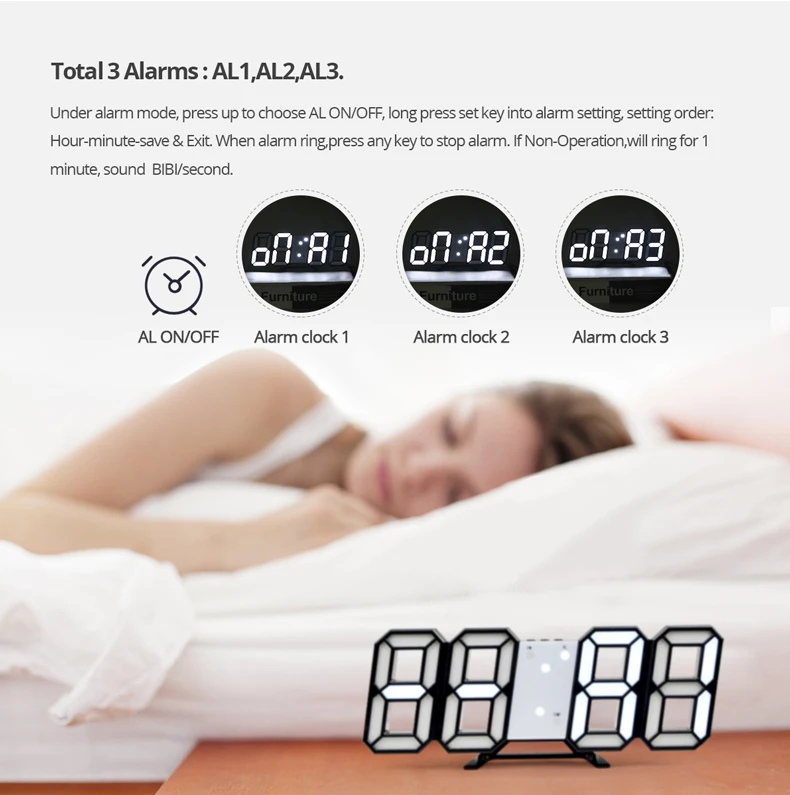 3D светодиодный настенные часы электронные цифровые настольные часы 12/24 часов Дисплей дома гостиной Пробуждение ночные светильники