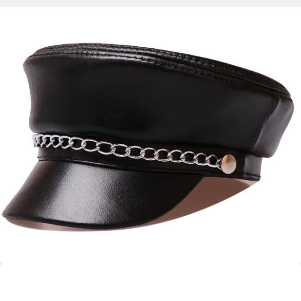 

men and women autumn winter Genuine Leather Windproof Military hat decorative chain navy cap sheepskin hat student flat cap