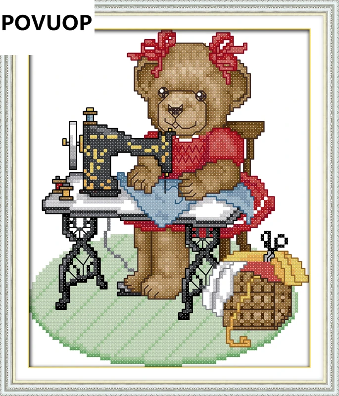 

POVUOP cross stitch 25X29cm/9.8''X11.4'' 11ct Precision printed Cross stitch The tailor bear New living room painting