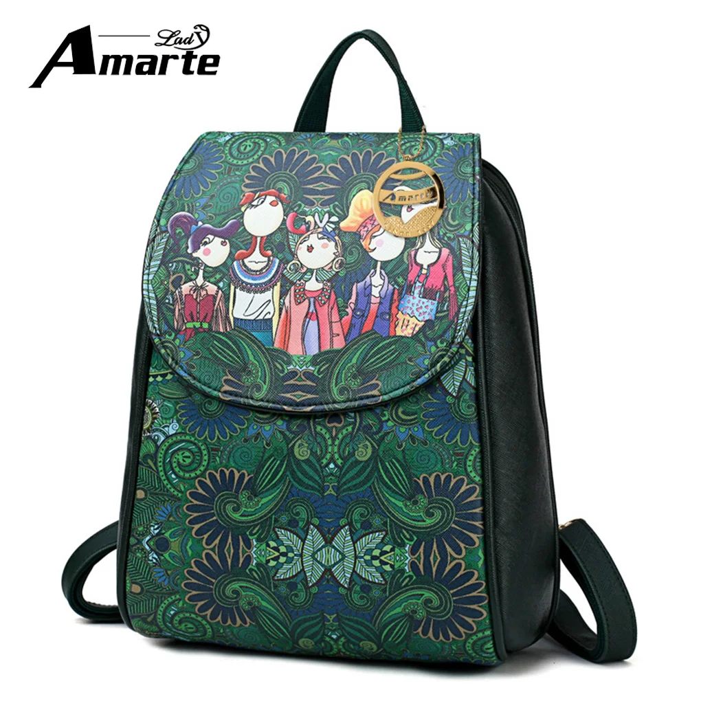 Amarte Women Cartoon Backpacks High Quality Pu Leather Backpack Ladies Green Color Forest Style