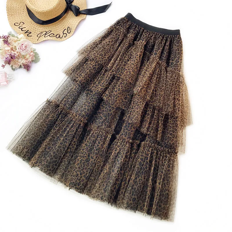 

2019 Spring and Summer New Fashion Ladies Wind Mesh Layer Leopard Skirt Tide Mid-Calf Natural A-Line