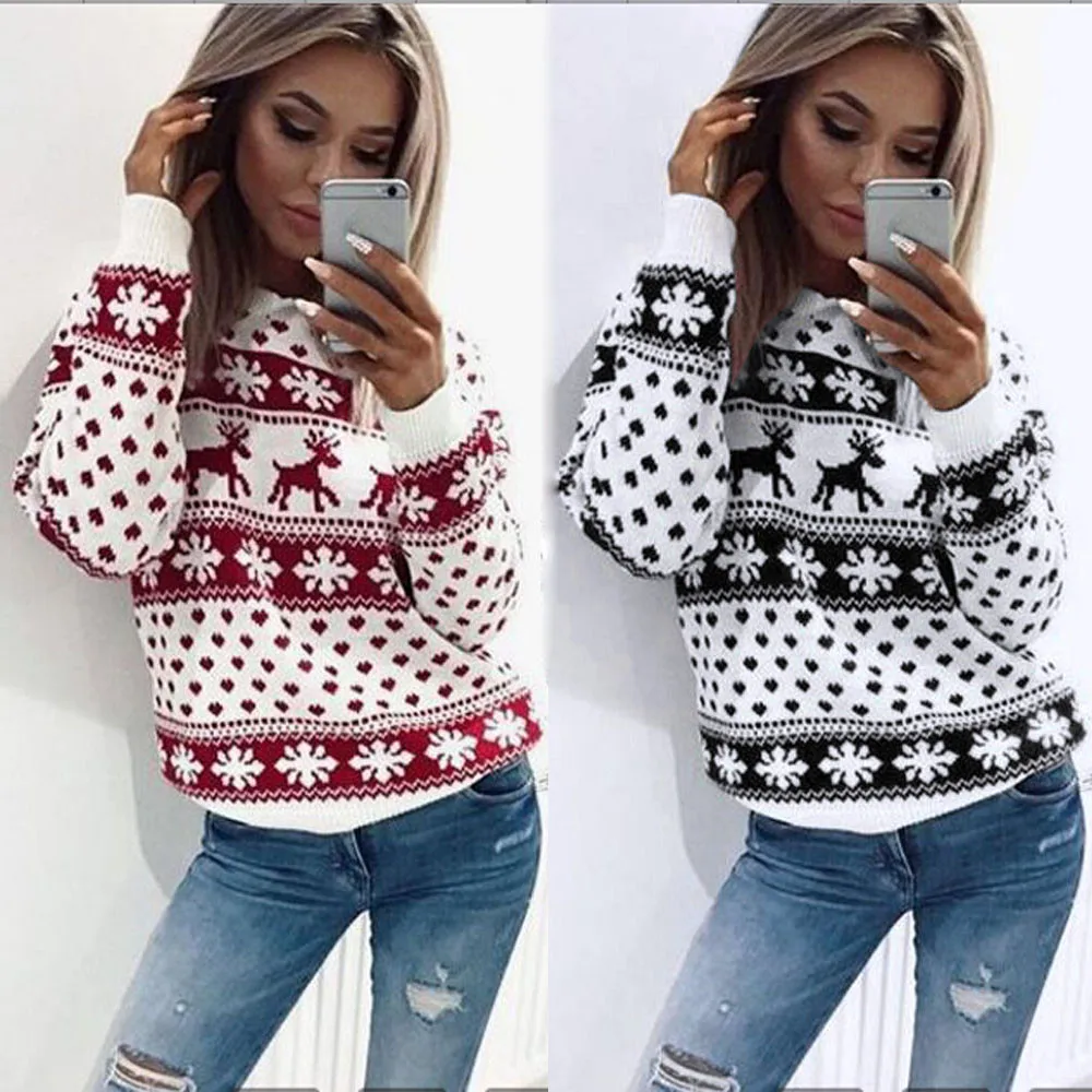 Christmas Sweatshirt Women Elk Snoeflake Printed Pullover Round Neck Long Sleeve Tracksuit Xmas Sudaderas Mujer#YJ