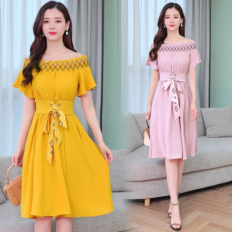 Новая летняя юбка с высокой талией для женщин; Большие размеры 4XL 5XL розового и желтого цвета с открытым носком с бантом длинное платье свободная повседневная женская одежда платье Платья для вечеринок H01
