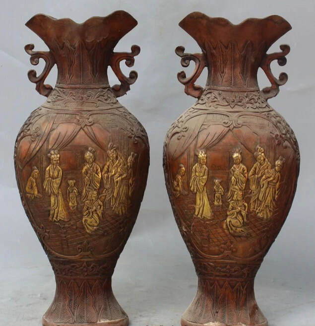 

Chinese Bronze Gilt Palace Belle Girl Woman Lady Flower Bottle Vase Statue Pair R0707