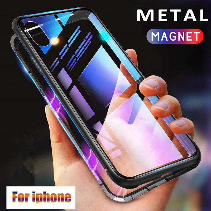 

Metal Magnetic Adsorption Case For iPhone XR XS MAX X 8 Plus 7 10 Tempered Glass Back Magnet Cover For iPhone 7 6 6S Plus Case