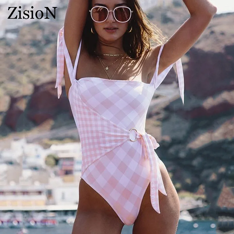 ZisioN 2018 сексуальный цельный купальник женский клетчатый женские купальные