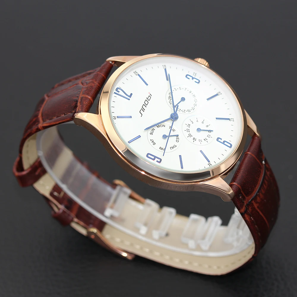 

2018 New Arrival Men SINOBI Slim Point Quartz Watch Top Brand Watchband Sports Brown Leather Strap Wrist Watch Casual Masculino