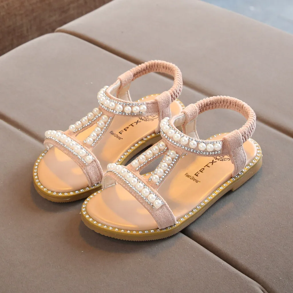Для детей; для малышей и детей постарше шлепанцы для девушек; Повседневное модный, жемчужный, с кристаллами весенние тонкие туфли с Летнее платье принцессы в римском стиле Обувь, сандалии