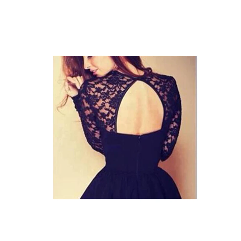 2016 Women Autumn Dress Sexy Black Lace Flower A Line Dress Long Sleeve Party Backless Mini Dresses Hot Sale Women's Clothing (1)