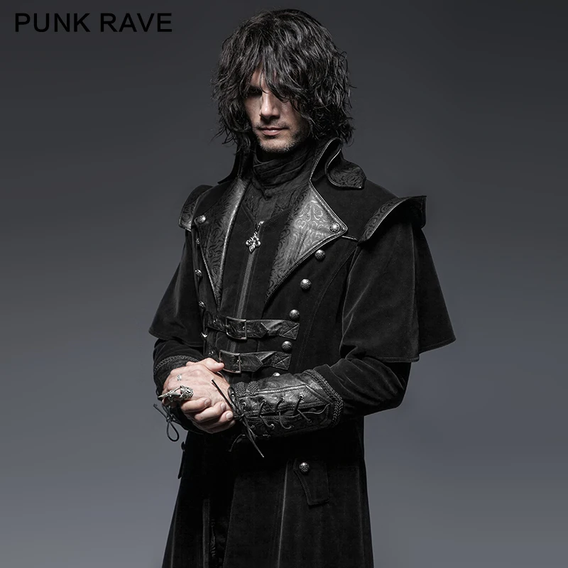 

PUNK RAVE Gothic Leather Belts Crimp Shoulder Zip-lined Men Long Trench Coat Black Jacket Overcoats Halloween Christmas Party