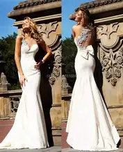 Weiß Scoop neck Satin Meerjungfrau Sleeveless 2016 Abendkleider Bogen auf zurück Bodenlangen abendkleid Auch Kleider szj62