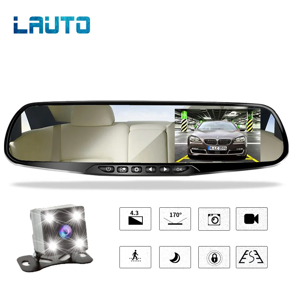 

LAUTO HD 1080P Car DVR Camera 4.3inch Car Mirror Recorder Rearview Camera Night Vision Mirror Dvr Double lens Dash Cam